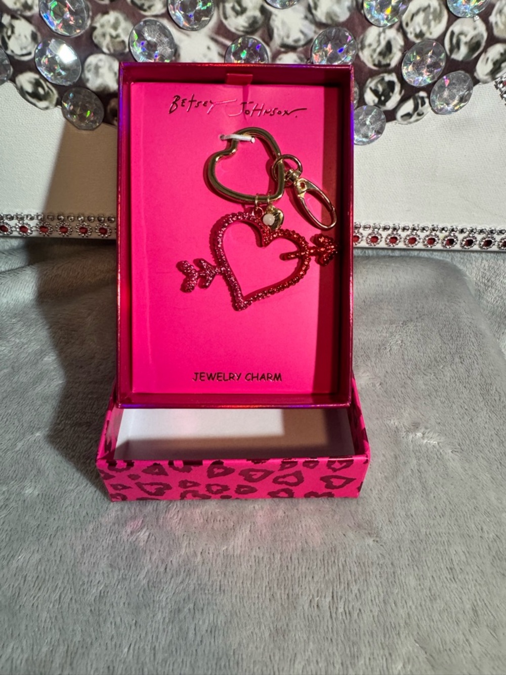 Betsey Johnson Hot Pink Glitter Heart Arrow Keychain Charm